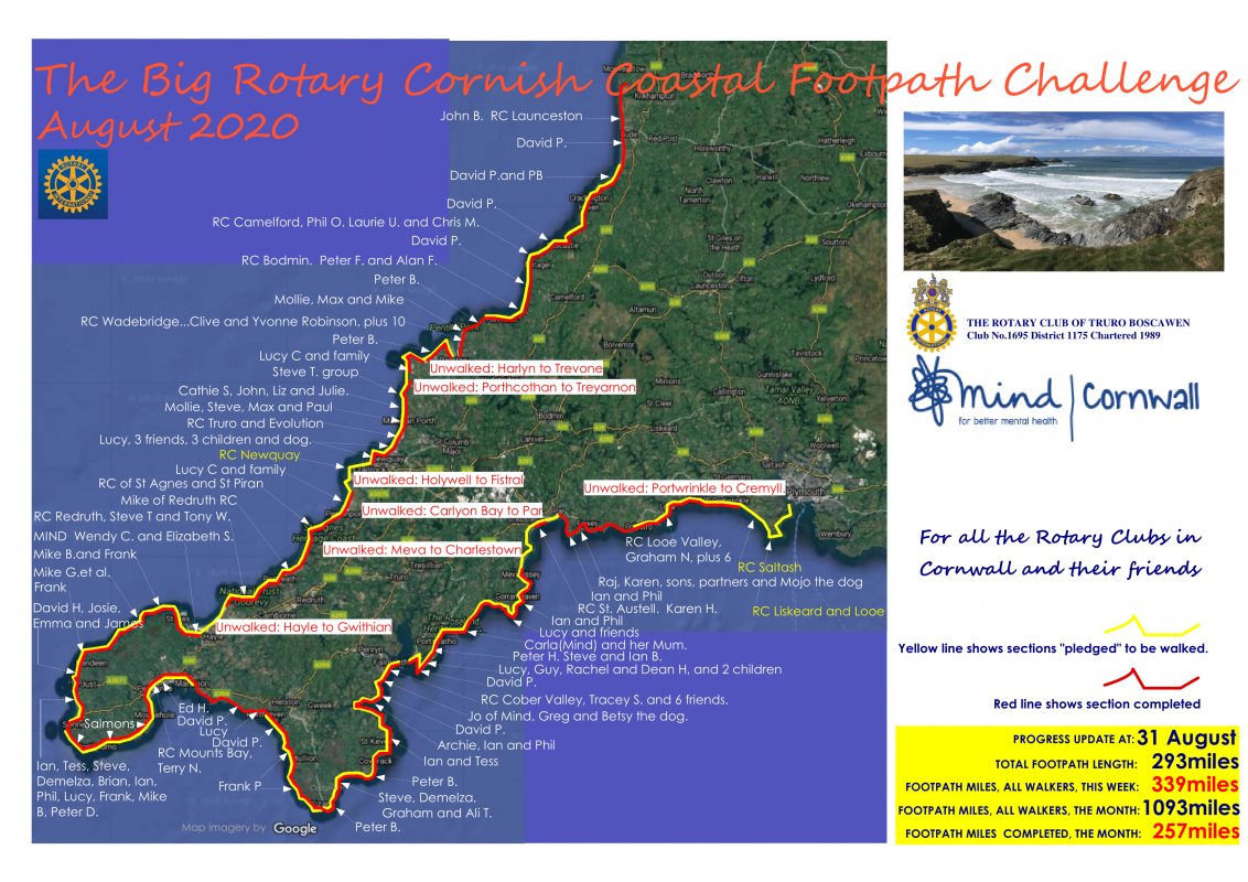 WEEK 5 to 31 August. The Big Rotary Cornish Coastal Footpath Challenge. Truro Boscawen